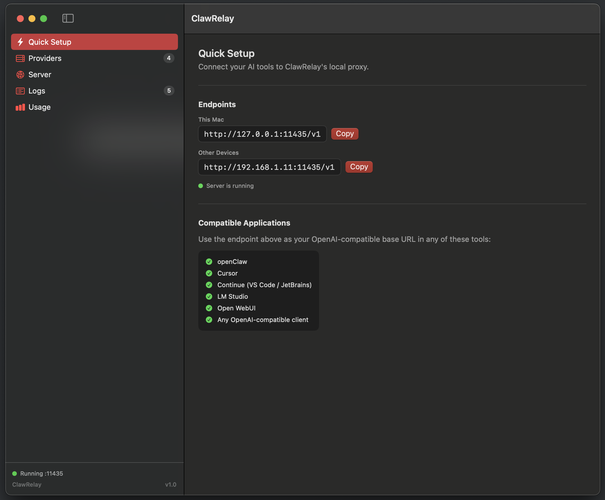 Quick Setup tab screenshot