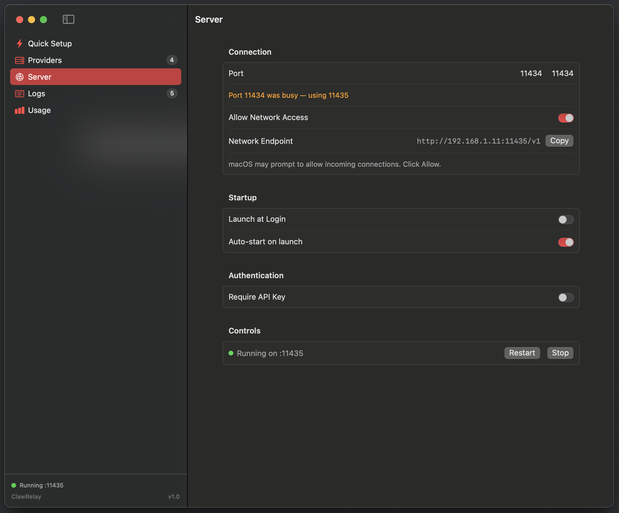 Server tab screenshot