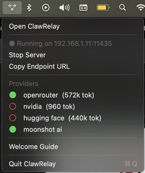 System tray menu screenshot